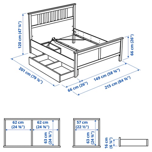 HEMNES Base de cama con 2 cajones, tinte blanco/Luröy, Matrimonial