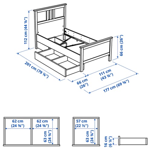 HEMNES Base de cama con 2 cajones, tinte blanco/Luröy, Individual