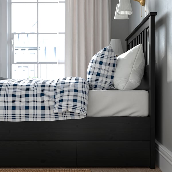 HEMNES Base de cama con 4 cajones, negro-café/Luröy, Matrimonial