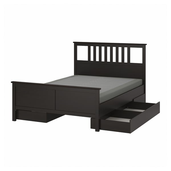 HEMNES Base de cama con 4 cajones, negro-café/Lyngör gris oscuro, Matrimonial