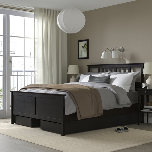 HEMNES Base de cama con 4 cajones, negro-café/Lyngör gris oscuro, Matrimonial
