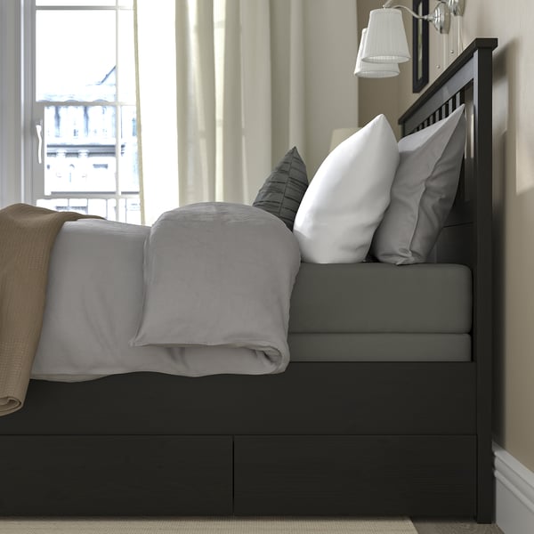 HEMNES Base de cama con 4 cajones, negro-café/Lyngör gris oscuro, Matrimonial