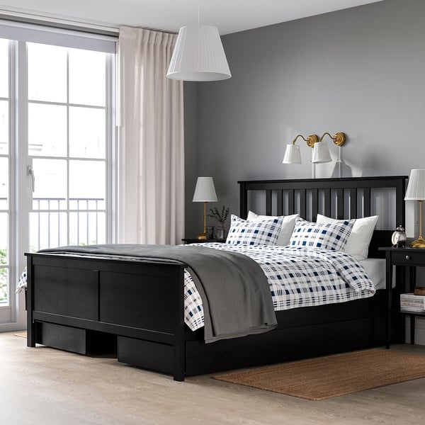HEMNES Base de cama con 4 cajones, negro-café, King