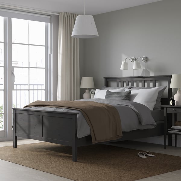 HEMNES Base de cama, gris oscuro tinte/Lyngör gris oscuro, Queen