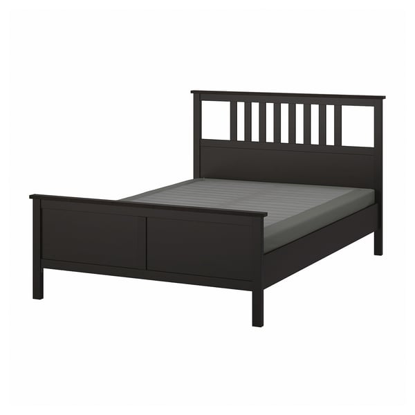 HEMNES Base de cama, negro-café/Lyngör gris oscuro, Matrimonial