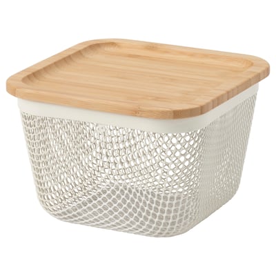 IKEA 365+ Canasta con tapa, cuadrado metal/blanco bambú, 15x15x11 cm