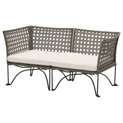 JUTHOLMEN Sofá modular de 2 asientos, ext, gris oscuro/Kuddarna gris claro/beige, 146x73 cm