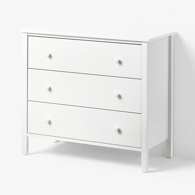 KILBERGET Cómoda de 3 cajones, blanco/Función de anclaje/desbloqueo, 86x78 cm