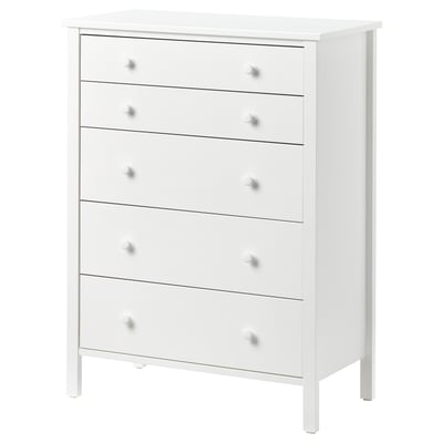 KILBERGET Cómoda de 5 cajones, blanco/Función de anclaje/desbloqueo, 76x102 cm