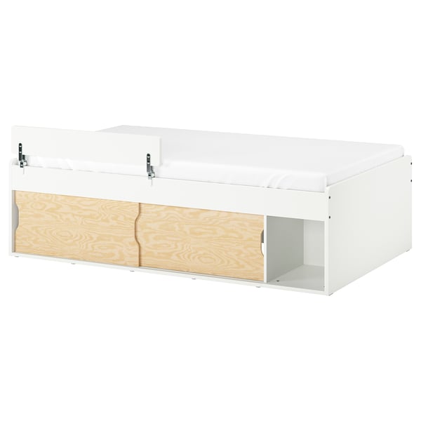 KLIPPUGGLA Base de cama con almacenaje, blanco/incluye barandal, Individual