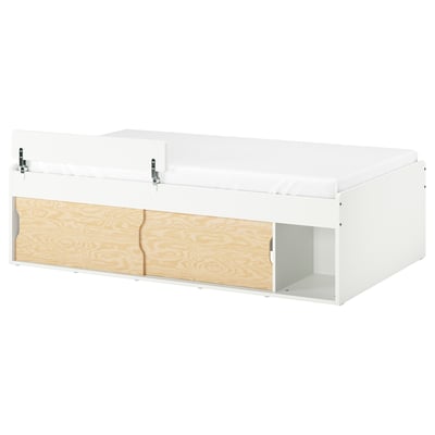 KLIPPUGGLA Base de cama con almacenaje, blanco/incluye barandal, Individual