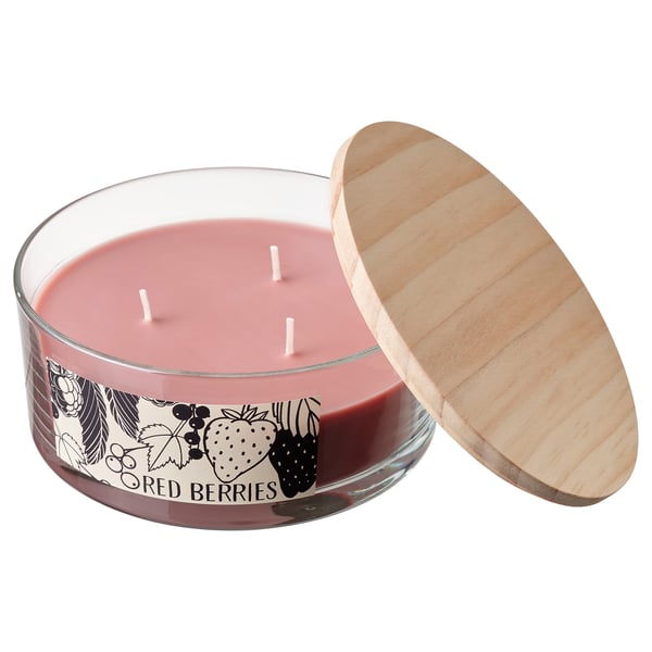 LOTSFÅGEL Vela aromática c/vaso+tapa/3 mechas, Bayas rojas rosa claro, 25 hr