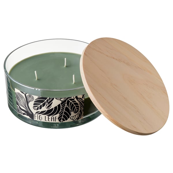LOTSFÅGEL Vela aromática c/vaso+tapa/3 mechas, Hoja de parra verde, 25 hr