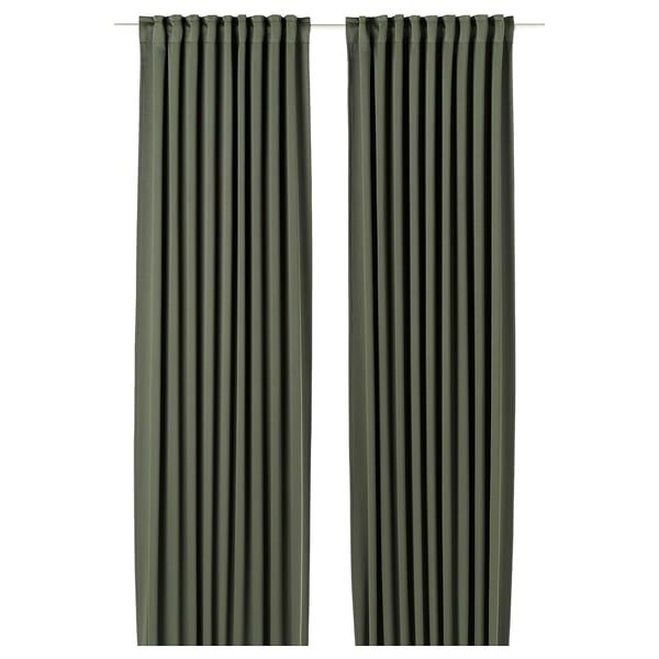 MAJGULL Cortinas bloqueadoras de luz, par, verde oscuro/con cinta de fruncir, 145x250 cm
