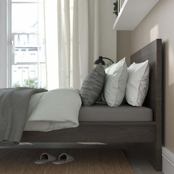 MALM Base de cama, alta, café oscuro chapa, Queen