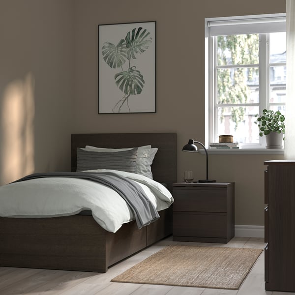 MALM Base de cama, alta, con 2 cajones, café oscuro chapa, Individual