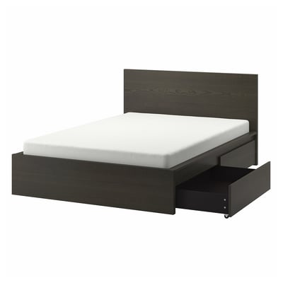 MALM Base de cama, alta, con 4 cajones, café oscuro chapa, King