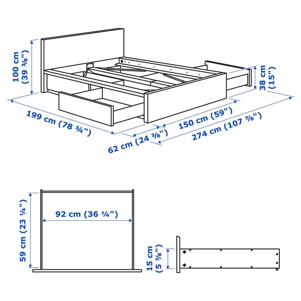 MALM Base de cama, alta, con 4 cajones