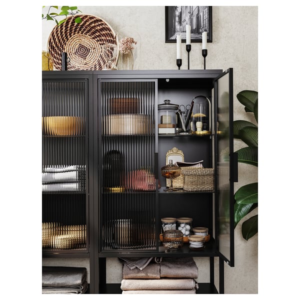 MOSSJÖN Vitrina con 2 puertas, carbón, 60x34x146 cm