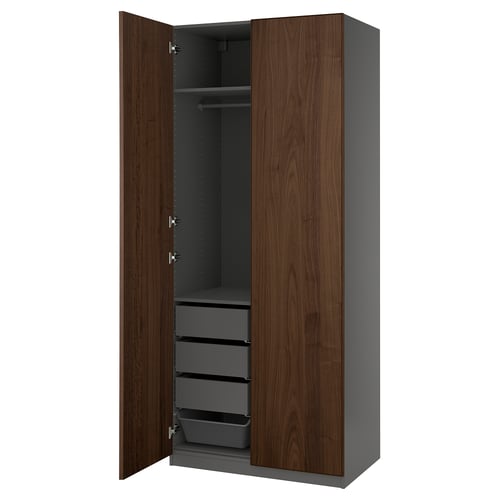 PAX / BJÖRNESKOGEN Combinación de clóset, gris oscuro/chapa nogal, 100x60x236 cm