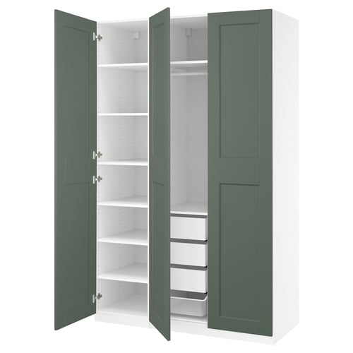 PAX / GRIMO Combinación de clóset, blanco/verde grisáceo, 150x60x236 cm