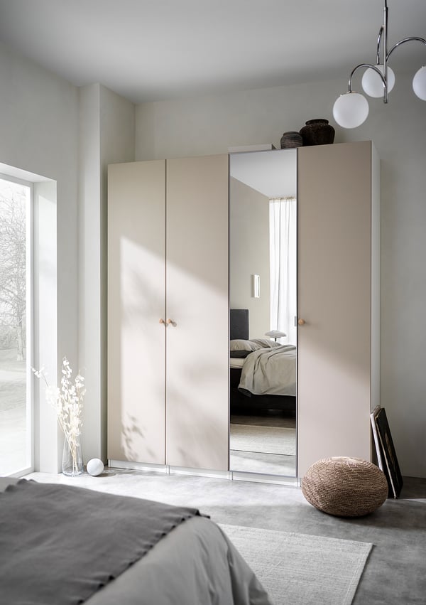 PAX / REINSVOLL/ÅHEIM Combinación de clóset, blanco/beige grisáceo espejo, 200x60x236 cm