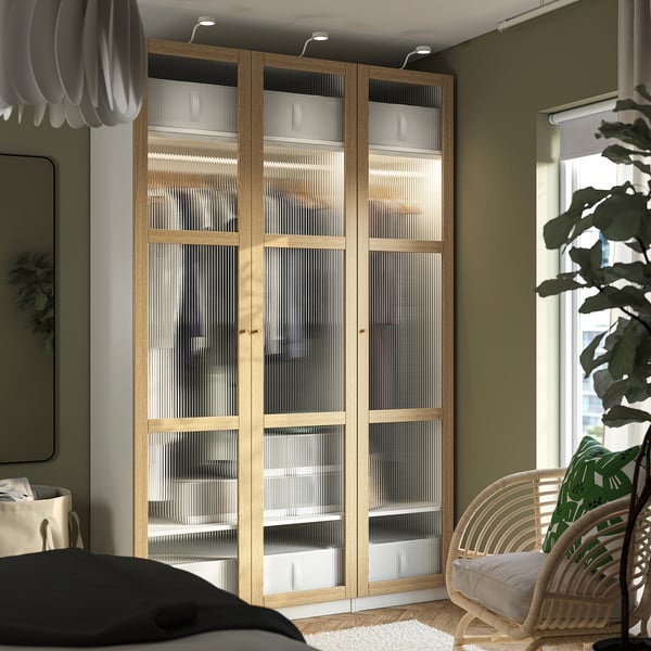 PAX / TONSTAD Combinación de clóset, blanco/chapa roble vidrio, 150x60x236 cm