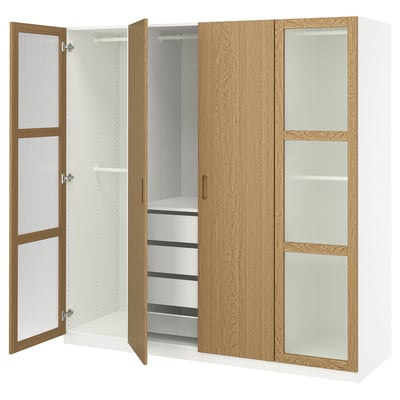 PAX / TONSTAD Combinación de clóset, blanco/chapa roble vidrio, 200x60x201 cm