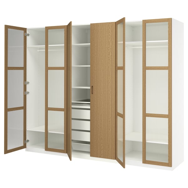 PAX / TONSTAD Combinación de clóset, blanco/chapa roble vidrio, 300x60x236 cm