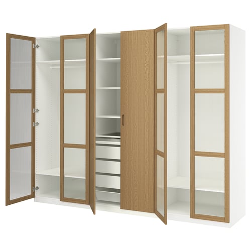 PAX / TONSTAD Combinación de clóset, blanco/chapa roble vidrio, 300x60x236 cm