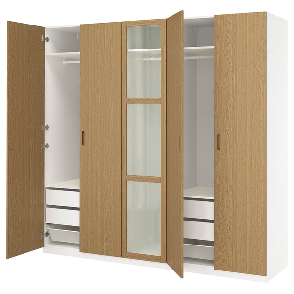PAX / TONSTAD Combinación de clóset, blanco/chapa roble vidrio, 250x60x236 cm