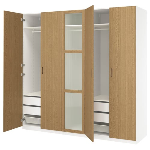 PAX / TONSTAD Combinación de clóset, blanco/chapa roble vidrio, 250x60x236 cm