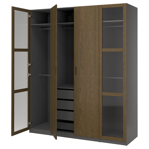 PAX / TONSTAD Combinación de clóset, gris oscuro café/chapa de roble teñida vidrio, 200x60x236 cm