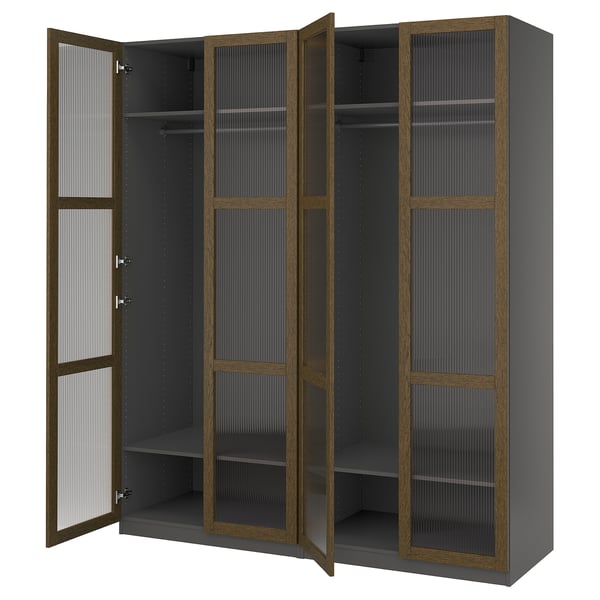 PAX / TONSTAD Combinación de clóset, gris oscuro café/chapa de roble teñida vidrio, 200x60x236 cm