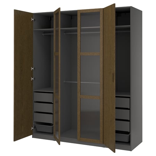 PAX / TONSTAD Combinación de clóset, gris oscuro café/chapa de roble teñida vidrio, 200x60x236 cm