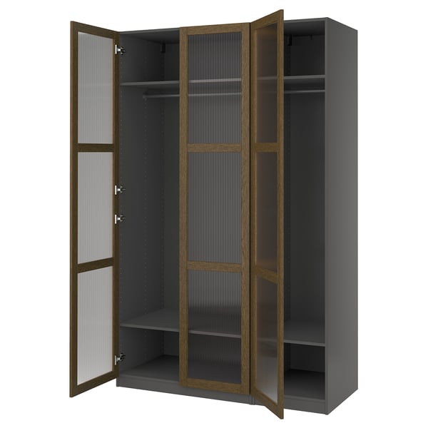 PAX / TONSTAD Combinación de clóset, gris oscuro café/chapa de roble teñida vidrio, 150x60x236 cm