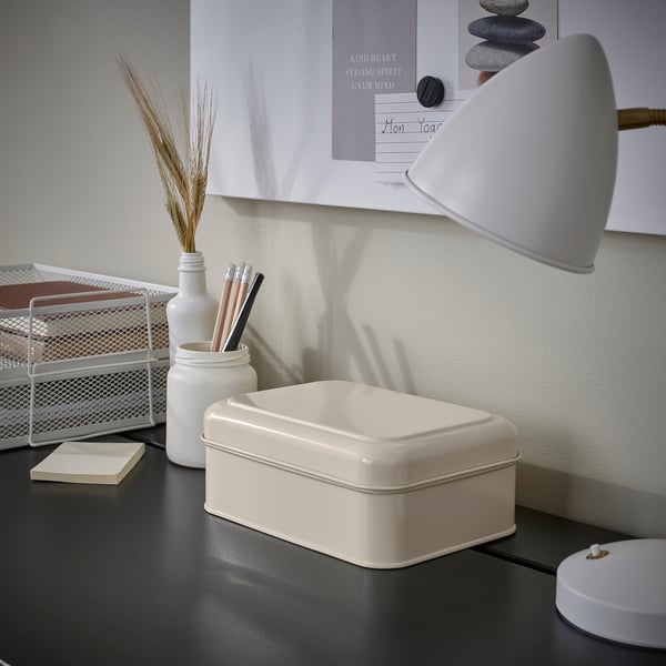 PLOGFÅRA Caja con tapa, beige claro, 22x16x8 cm