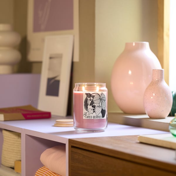 PRAKTHÄGER Vela aromática+vaso+tapa/2 mechas, Bayas rojas rosa claro, 100 hr