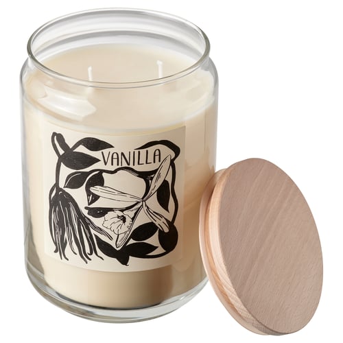 PRAKTHÄGER Vela aromática+vaso+tapa/2 mechas, vainilla Beige claro, 100 hr