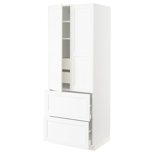 SEKTION / MAXIMERA Gabinete alto 2 puertas 4 cajones, blanco Enköping/blanco efecto madera, 76x61x203 cm