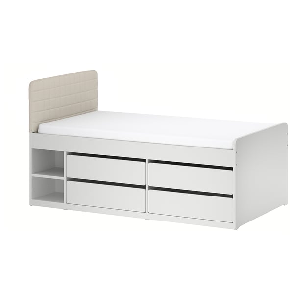 SLÄKT Base de cama con almacenaje, incl. cabecero/Vissle beige, Individual