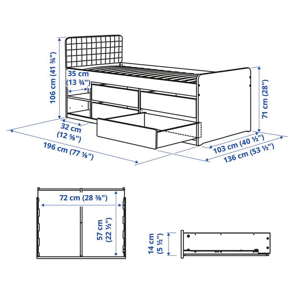 SLÄKT Base de cama con almacenaje, incl. cabecero/Vissle beige, Individual