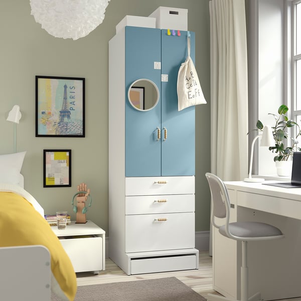 SMÅSTAD / UPPFÖRA Clóset, blanco azul/con 3 cajones, 60x65x196 cm