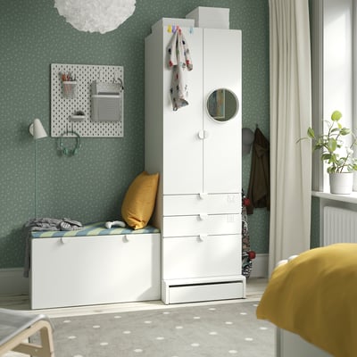 SMÅSTAD / UPPFÖRA Combinación de almacenamiento, blanco blanco/con banca, 150x65x196 cm