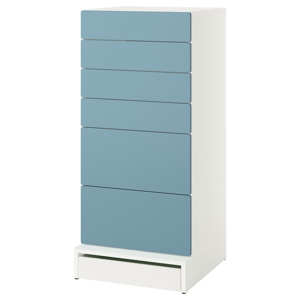 SMÅSTAD / UPPFÖRA Cómoda de 6 cajones, blanco/azul, 60x65x136 cm