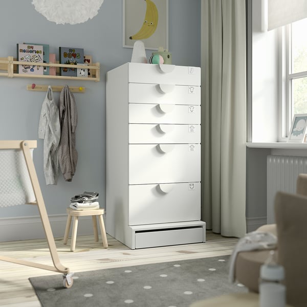 SMÅSTAD / UPPFÖRA Cómoda de 6 cajones, blanco/blanco, 60x65x136 cm
