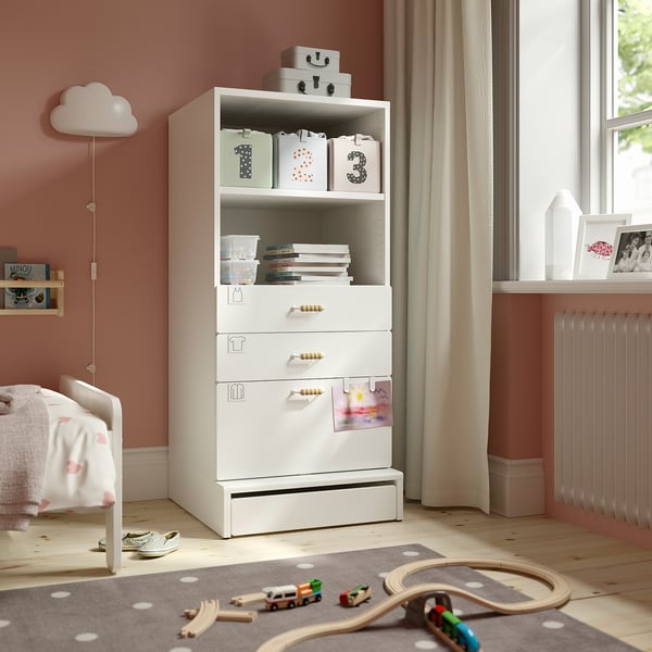SMÅSTAD / UPPFÖRA Librero, blanco blanco/con 3 cajones, 60x65x136 cm