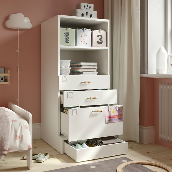 SMÅSTAD / UPPFÖRA Librero, blanco blanco/con 3 cajones, 60x65x136 cm