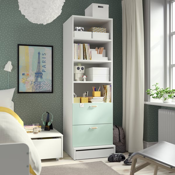 SMÅSTAD / UPPFÖRA Librero, blanco Verde claro/con 2 cajones, 60x65x196 cm