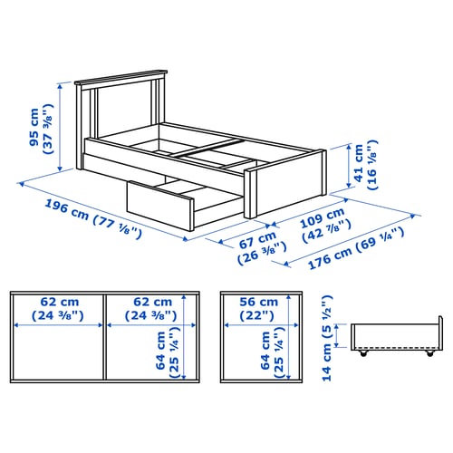 SONGESAND Base de cama con 2 cajones, café, Individual